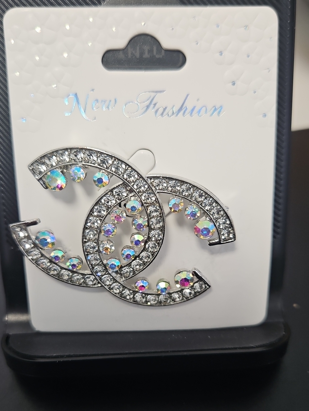 Glam Y2K Silver Aurora Borealis Rhinestone Interlocking C Brooch